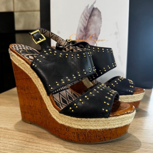 Jessica Simpson Women's Black Faux Leather Stood Wedge Sandals Size 7.5M - Picture 1 of 9